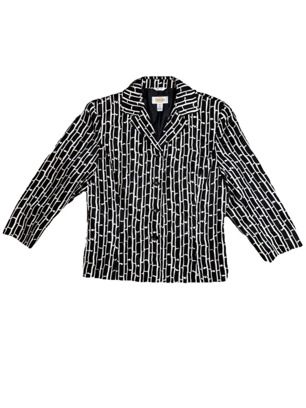 TALBOTS 100% Silk Black White 3/4 Sleeve Women Blazer Jacket SZ 10 Bamboo Print